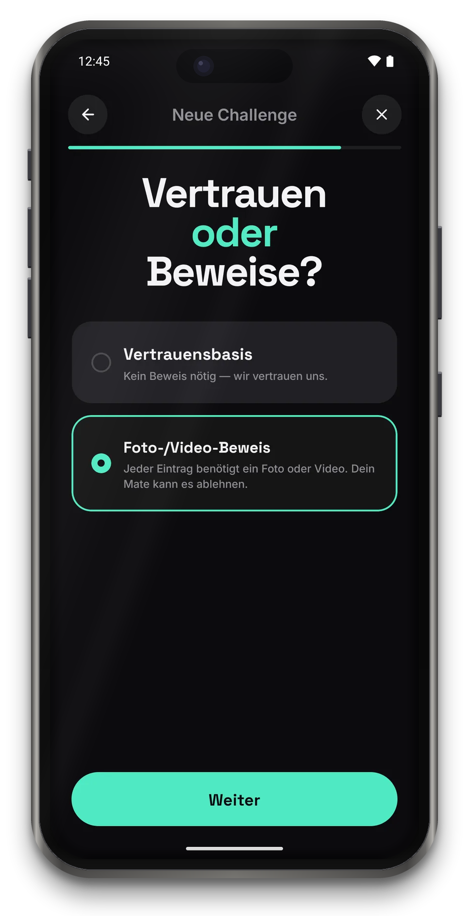 App-Screen: Vertrauen oder Beweise? Vertrauensbasis oder Foto-/Video-Beweis